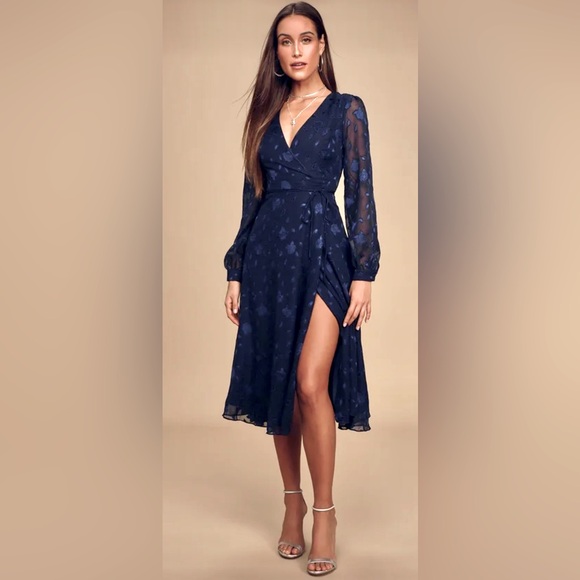 Lulu’s Evening of Elegance Navy Blue Floral Jacquard Burnout Wrap Midi Dress - Picture 4 of 12